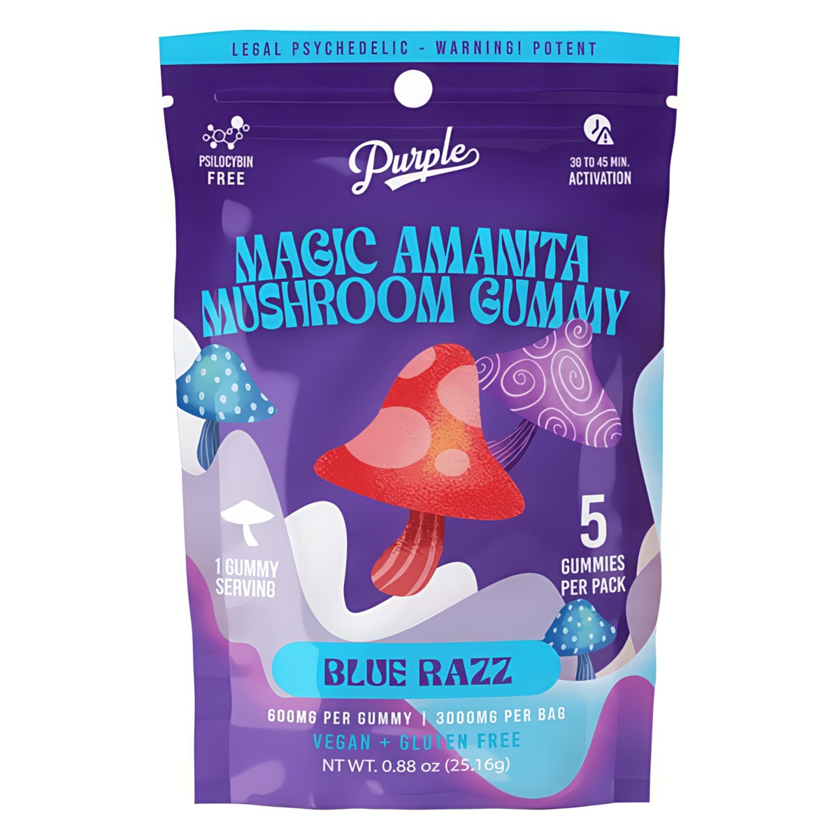 Purple Amanita Mushroom Gummies 3000mg, 600mg per gummy - 5 gummies per pack - Blue Razz Flavor