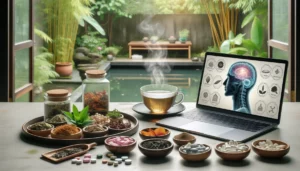 Serene workspace with a laptop open to an article about adaptogens and nootropics. The table also has various adaptogenic herbs like ashwagandha, rhodiola, and ginseng scattered alongside smart pills in a transparent container. A steaming cup of herbal tea is present, with steam gently rising. In the background, there's a window showcasing a calming garden view with bamboo and a koi pond. An infographic on the laptop screen shows the benefits of these substances with brain icons and positive arrows.