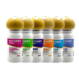Nature's Fungi Shots featuring six different mushroom extract flavors in 60ml bottles, showcasing health-focused ingredients.